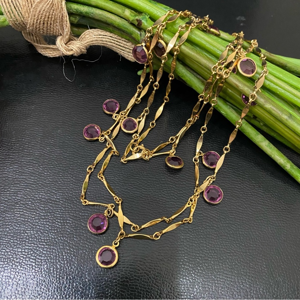Vintage Unsigned Amethyst Purple Austrian Crystal Charm Gold-tone 54” Necklace